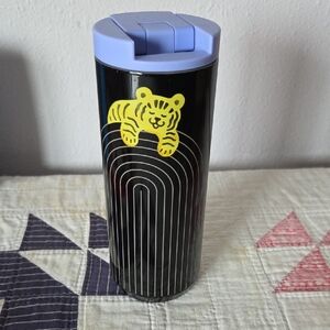 Starbucks Black Tumbler with Yellow Tiger and Blue Lid